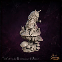 Caterpillar Broodmother by Great Grimoire from a right-side angle: full body visible with segmented torso detail, one claw extended outward, larvae clinging to the mushroom cap, and a tiered fungal base with brain-textured hanging sacs.