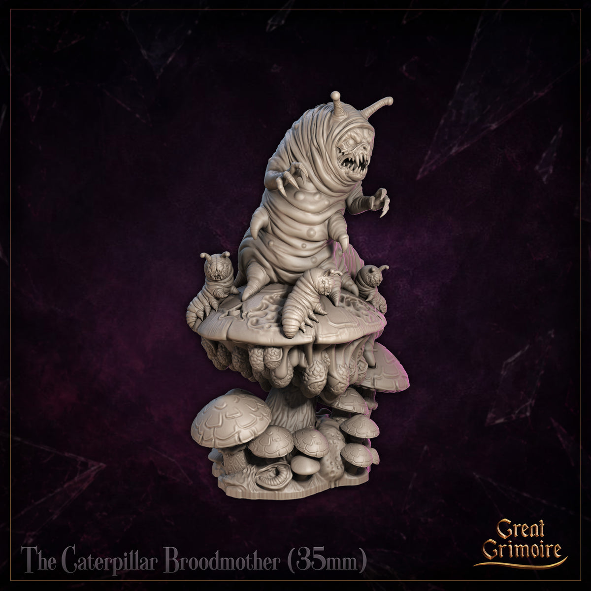 Caterpillar Broodmother by Great Grimoire from a right-side angle: full body visible with segmented torso detail, one claw extended outward, larvae clinging to the mushroom cap, and a tiered fungal base with brain-textured hanging sacs.