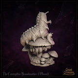 Caterpillar Broodmother by Great Grimoire from a left-side angle: coiled body showing smooth underbelly segments, raised fore-claw, larvae visible on the mushroom throne cap, and dense mushroom clusters across the sculpted base.