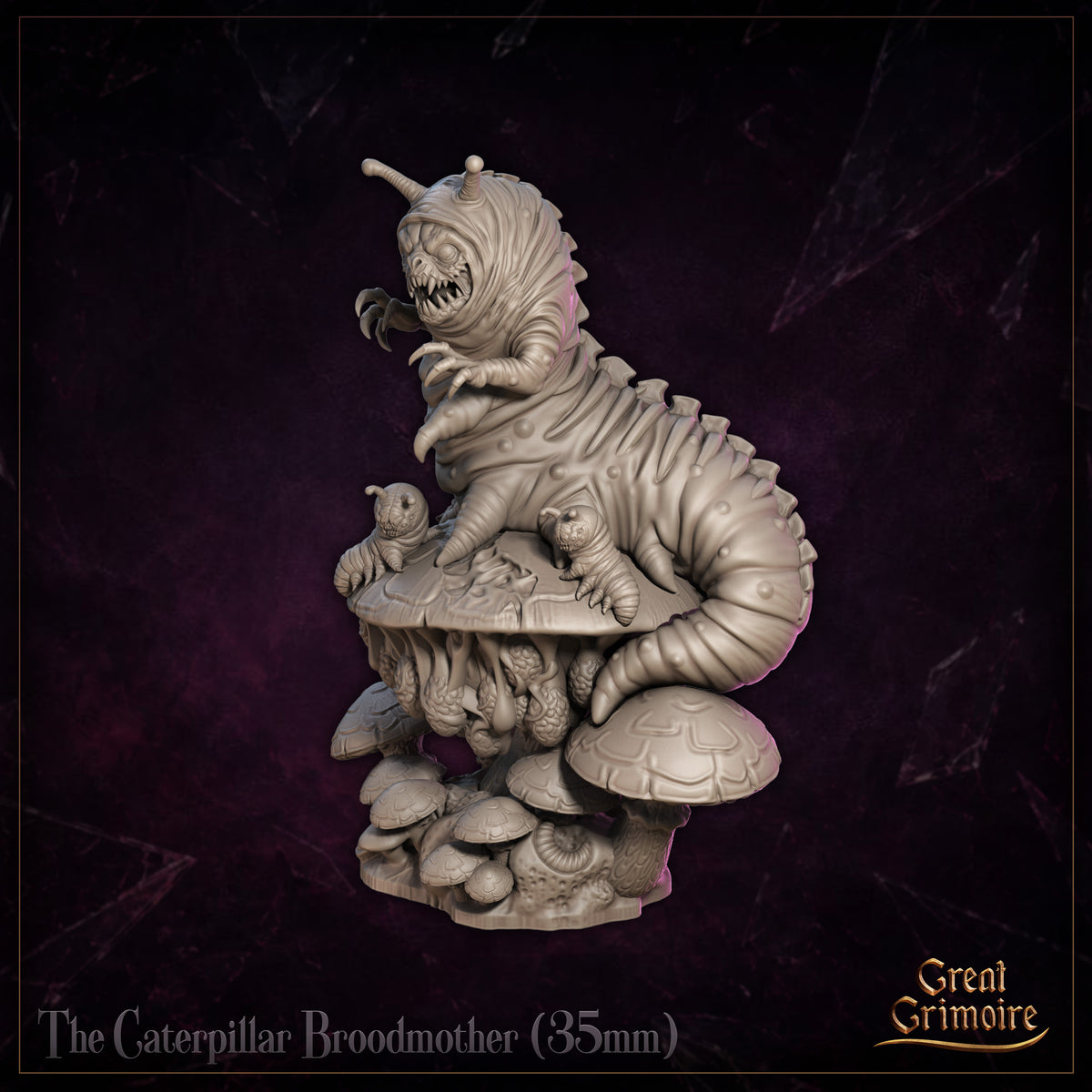 Caterpillar Broodmother by Great Grimoire rear three-quarter view: rough textured flanks of the segmented body, mushroom throne cap with larvae in attendance, and detailed fungal base elements including small capped mushrooms at ground level.
