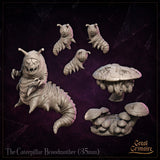 Caterpillar Broodmother by Great Grimoire overhead angle: antennae and fanged face looking upward, thick body coiling down, three larval figures on the wide mushroom cap, and the full circular base of stacked fungi clearly visible.