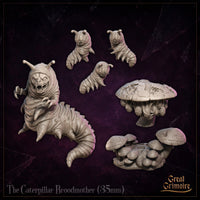 Caterpillar Broodmother by Great Grimoire overhead angle: antennae and fanged face looking upward, thick body coiling down, three larval figures on the wide mushroom cap, and the full circular base of stacked fungi clearly visible.