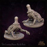 Two renders of the Crawling Pawns: Pip miniature by Great Grimoire — a chess pawn-headed armoured creature on all fours, heavy chains across its torso, clawed hands and feet pressed to a cobblestone base.