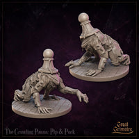 Two renders of the Crawling Pawns: Pip miniature by Great Grimoire — a chess pawn-headed armoured creature on all fours, heavy chains across its torso, clawed hands and feet pressed to a cobblestone base.