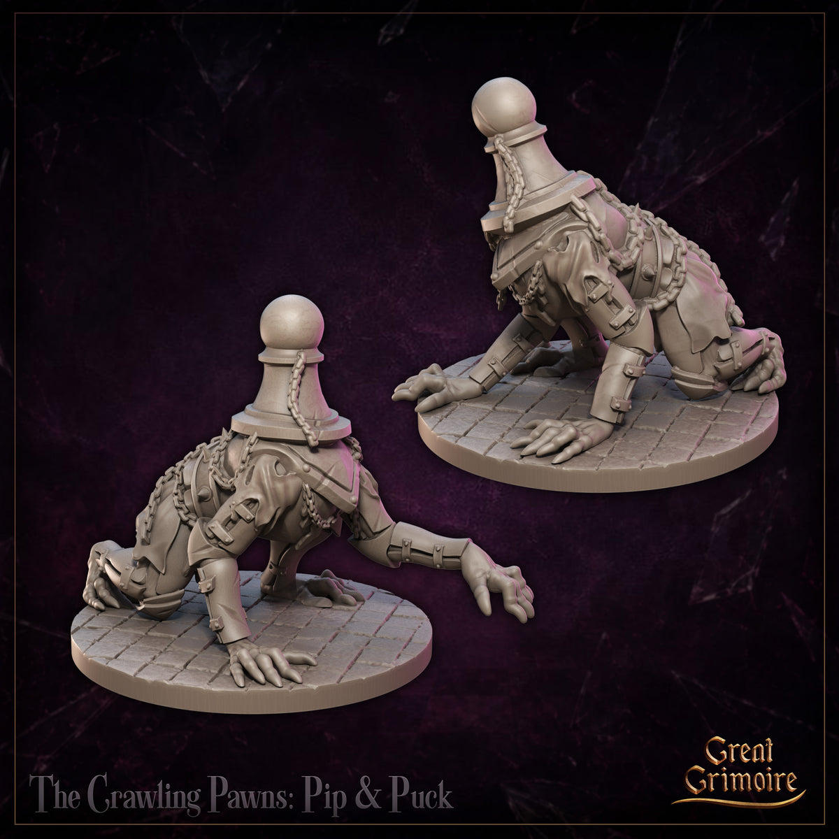 Two renders of the Crawling Pawns: Pip miniature by Great Grimoire — a chess pawn-headed armoured creature on all fours, heavy chains across its torso, clawed hands and feet pressed to a cobblestone base.