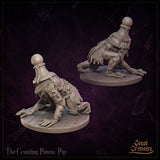 Two renders of the Crawling Pawns: Puck miniature by Great Grimoire — a pawn-headed construct crouching low, one clawed arm reaching forward, chains and buckled armour panels across the body, cobblestone base.