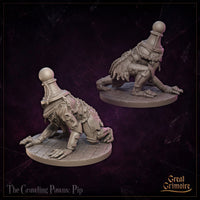 Two renders of the Crawling Pawns: Puck miniature by Great Grimoire — a pawn-headed construct crouching low, one clawed arm reaching forward, chains and buckled armour panels across the body, cobblestone base.