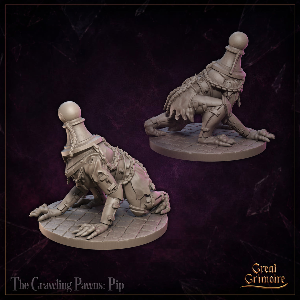 Two renders of the Crawling Pawns: Puck miniature by Great Grimoire — a pawn-headed construct crouching low, one clawed arm reaching forward, chains and buckled armour panels across the body, cobblestone base.