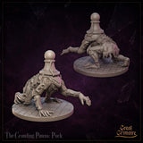 Both Crawling Pawns — Pip and Puck — shown together in a single render by Great Grimoire, each in a distinct crawling pose, pawn-form heads, chain-wrapped armoured torsos, and clawed limbs on textured stone bases.