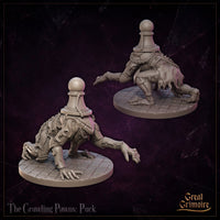 Both Crawling Pawns — Pip and Puck — shown together in a single render by Great Grimoire, each in a distinct crawling pose, pawn-form heads, chain-wrapped armoured torsos, and clawed limbs on textured stone bases.