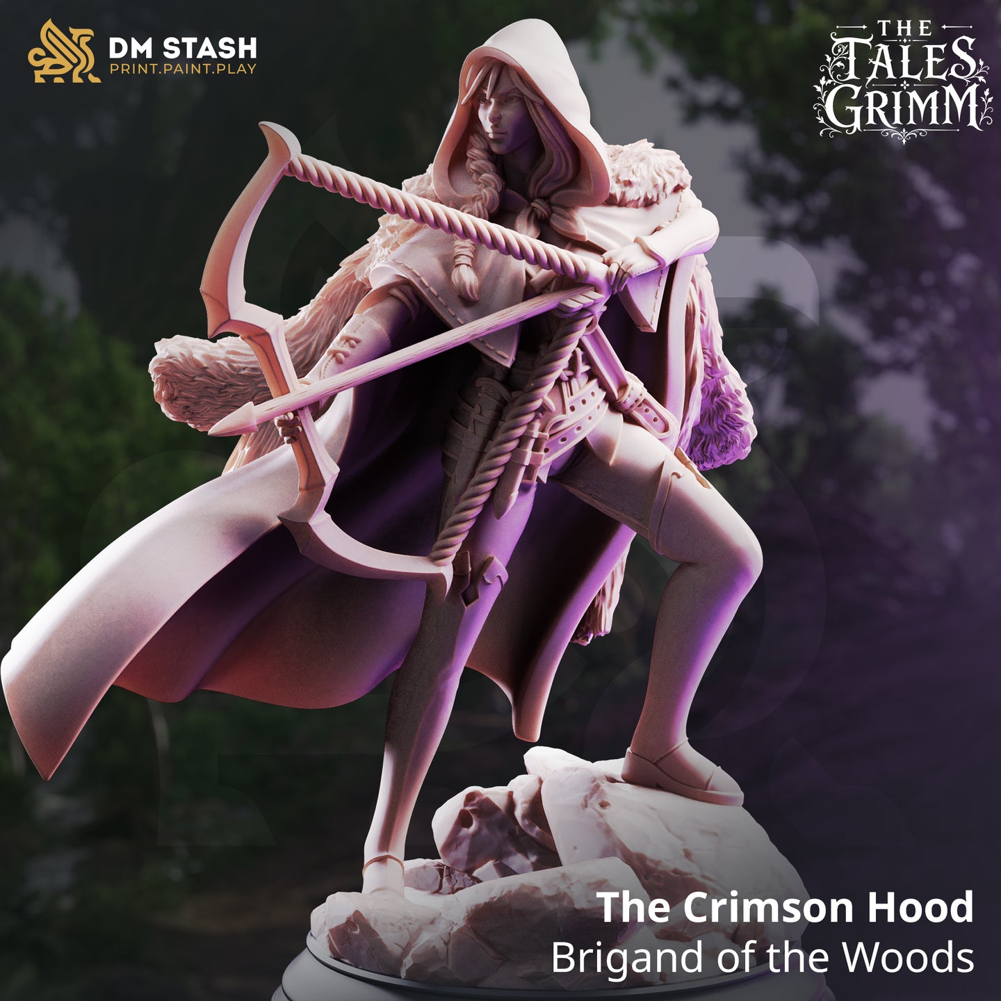 Rear view of hooded brigand showing richly detailed fur mantle with individually sculpted strands across back and shoulders, smooth billowing cloak sweeping behind striding legs, rocky rubble base. Sculpt by DM Stash.