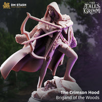 Rear view of hooded brigand showing richly detailed fur mantle with individually sculpted strands across back and shoulders, smooth billowing cloak sweeping behind striding legs, rocky rubble base. Sculpt by DM Stash.
