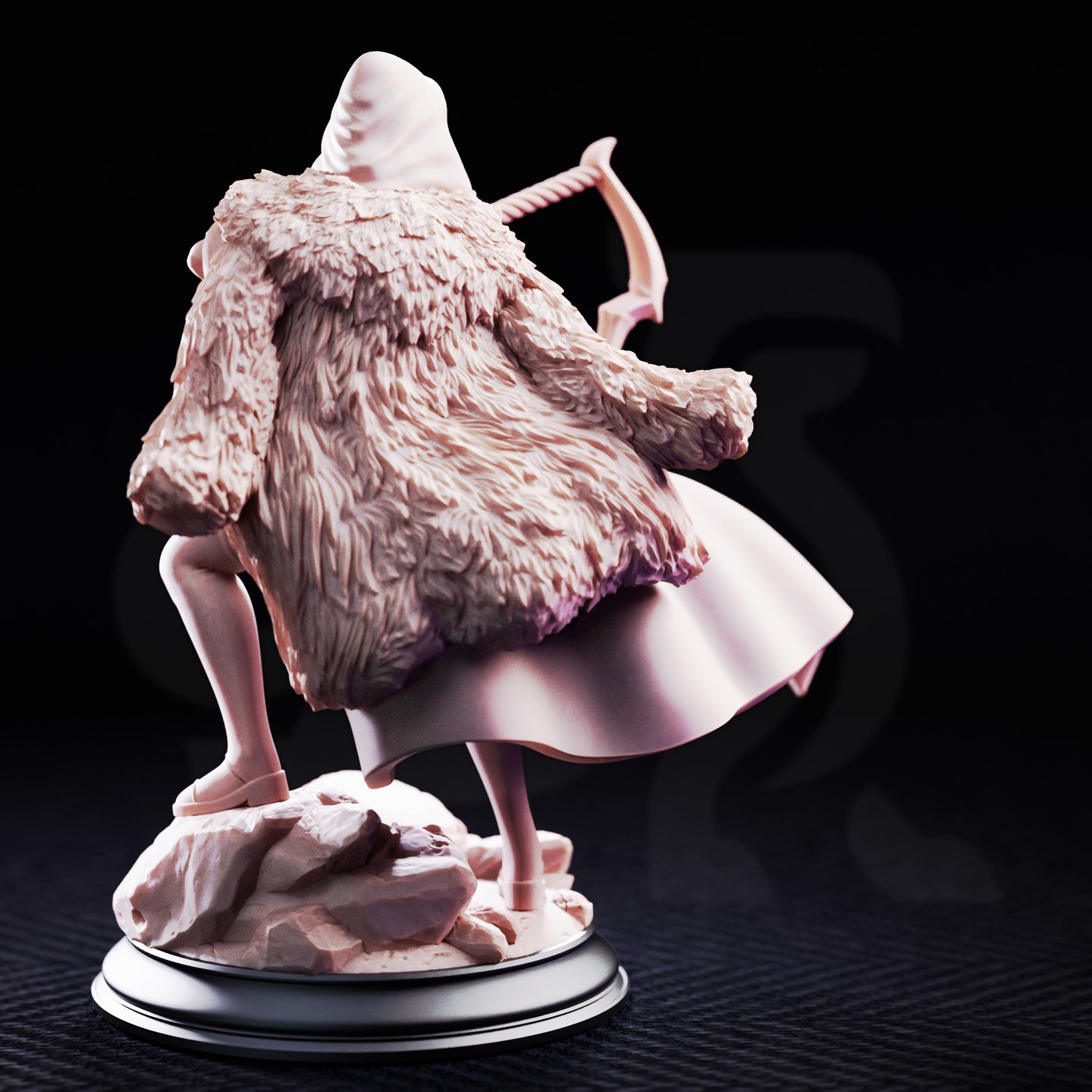 Hooded female brigand striding forward, crossbow levelled and drawn, wearing flowing cloak and textured fur mantle over layered leather armour, standing on a rocky stone base. Sculpt by DM Stash.