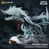 Rear three-quarter view of the Elder Shark by DM Stash — finned whipping tail, bony dorsal spines, sinuous tentacles trailing behind the body, detailed seabed base with sponges and shattered stone.