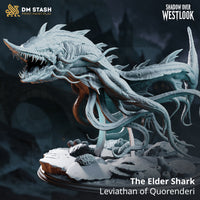 Rear three-quarter view of the Elder Shark by DM Stash — finned whipping tail, bony dorsal spines, sinuous tentacles trailing behind the body, detailed seabed base with sponges and shattered stone.