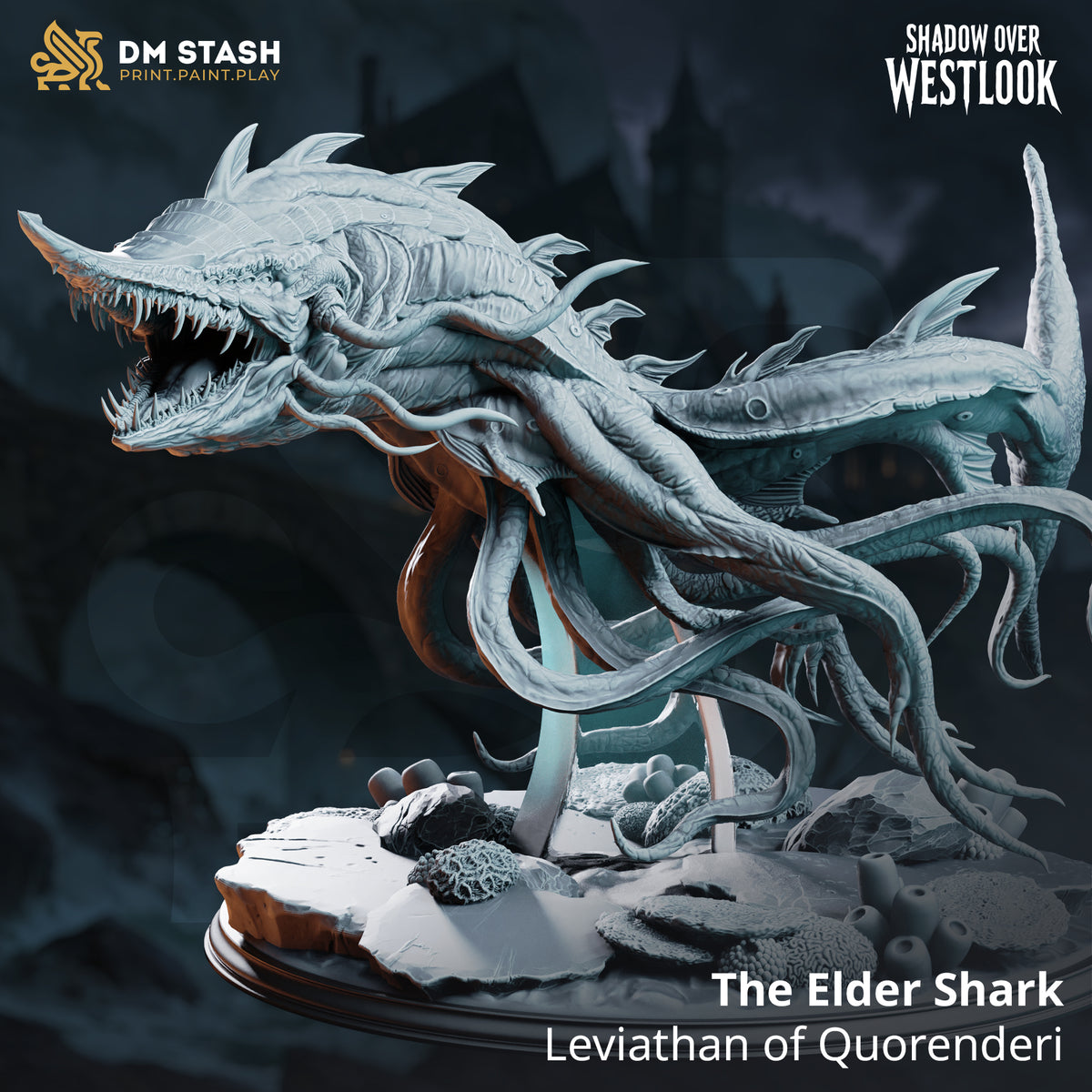 Rear three-quarter view of the Elder Shark by DM Stash — finned whipping tail, bony dorsal spines, sinuous tentacles trailing behind the body, detailed seabed base with sponges and shattered stone.