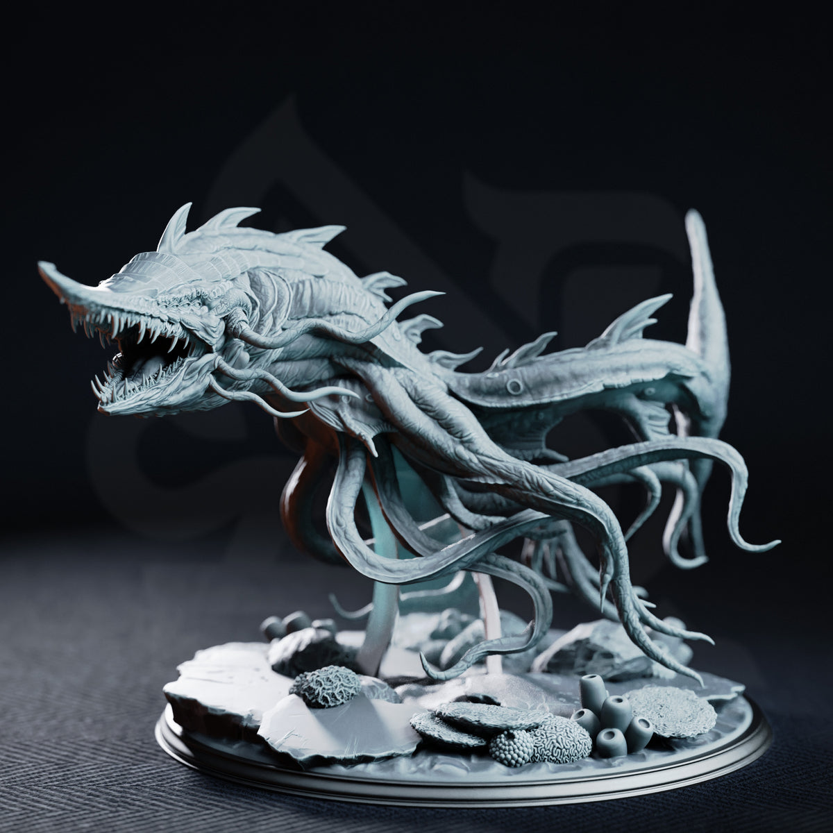 The Elder Shark leviathan miniature by DM Stash — gaping jaws lined with serrated teeth, writhing tentacles beneath the jaw, a parasitic shark body at its flank, mounted on a coral seabed base.