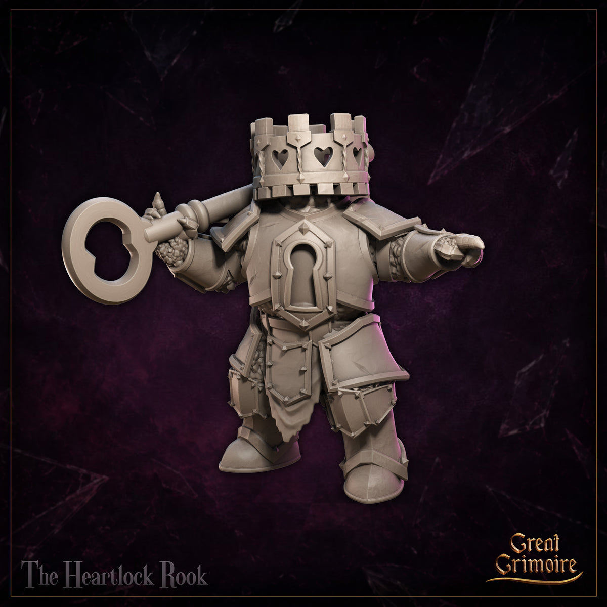 Stocky armoured construct with a crenellated tower-crown head pierced by heart-shaped apertures, holding an oversized heart-bow skeleton key raised at its side, keyhole emblem on chest plate. Sculpt by Great Grimoire.