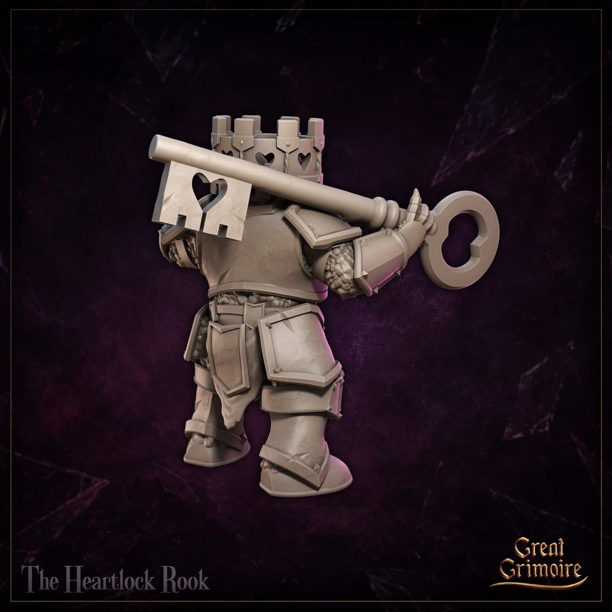 Broad armoured construct seen from behind, carrying a large skeleton key with a heart-shaped bow resting across its shoulder, segmented plate armour and stone-textured fists visible. Sculpt by Great Grimoire.