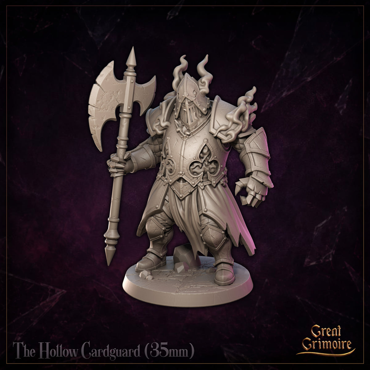 Hollow Cardguard resin miniature crouching aggressively, gripping a tall double-headed great axe, wearing ornate fleur-de-lis plate armour with spectral flames rising from a horned visor. Sculpt by Great Grimoire.