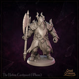 Hollow Cardguard miniature standing upright, holding a great axe at its side, broad-chested plate armour with fleur-de-lis breastplate detail and spectral flame wisps curling from the pauldrons and helm. Sculpt by Great Grimoire.
