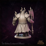 Rear view of the Hollow Cardguard miniature showing heavily plated backplate with deep scratches and wear, quilted elbow guards, tattered tabard hem, and spectral flames rising from both shoulders. Sculpt by Great Grimoire.