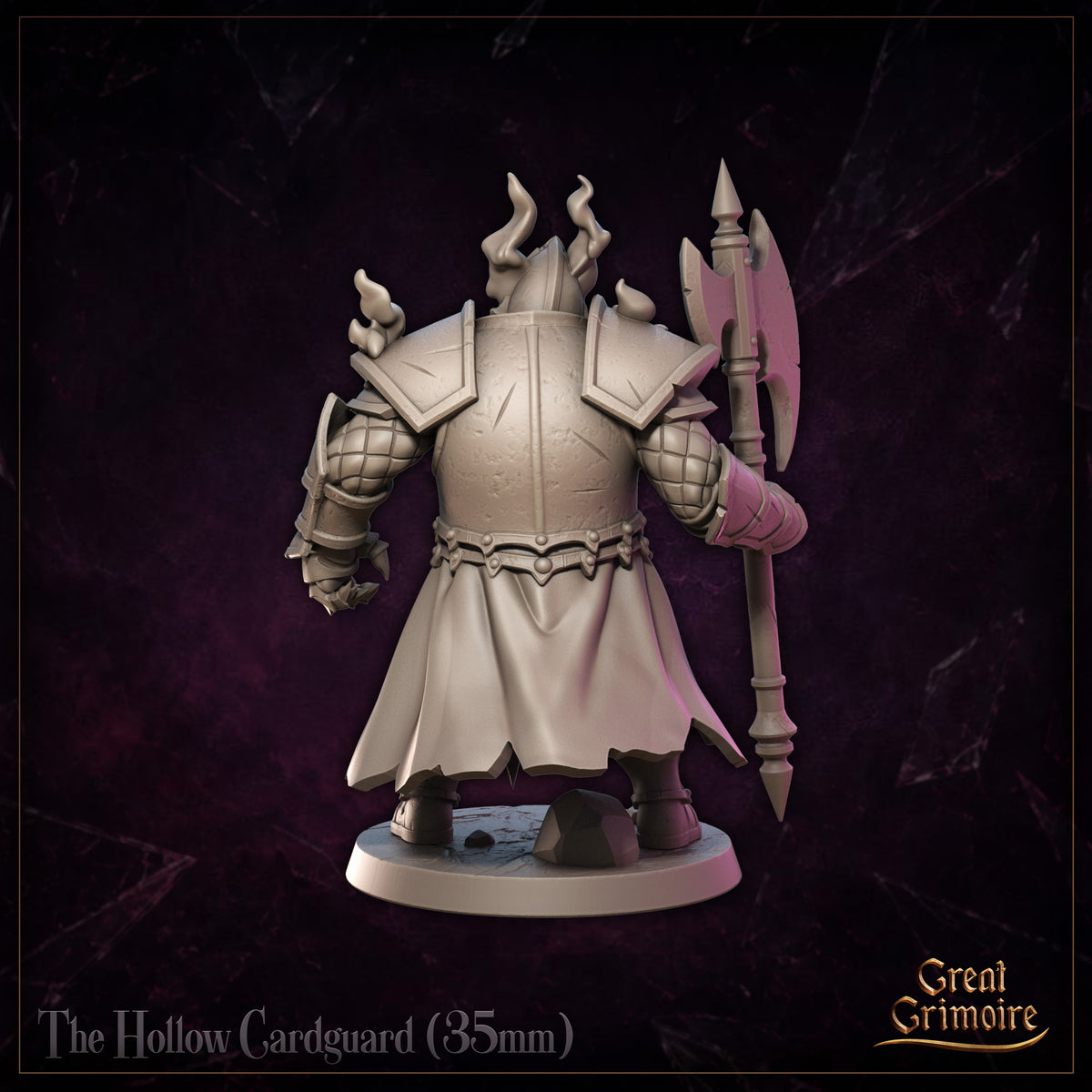 Rear view of the Hollow Cardguard miniature showing heavily plated backplate with deep scratches and wear, quilted elbow guards, tattered tabard hem, and spectral flames rising from both shoulders. Sculpt by Great Grimoire.