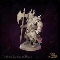 Hollow Cardguard undead armoured guardian miniature, three-quarter angle, great axe raised, ornate gothic plate armour with flame wisps and horned helm, standing on a rubble-strewn scenic base. Sculpt by Great Grimoire.