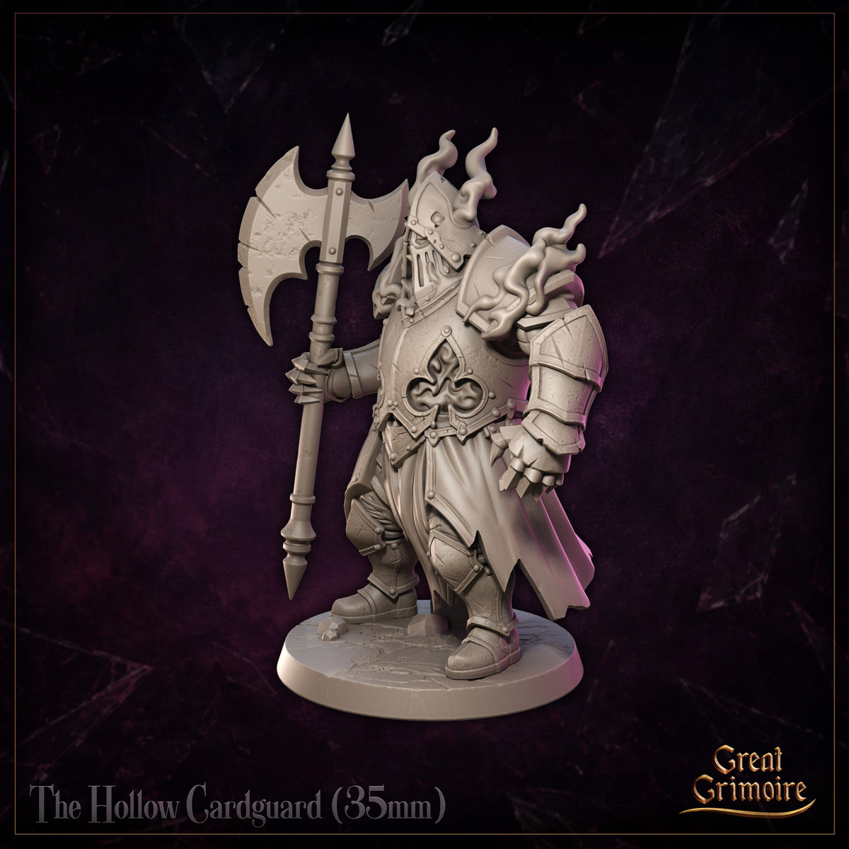 Hollow Cardguard undead armoured guardian miniature, three-quarter angle, great axe raised, ornate gothic plate armour with flame wisps and horned helm, standing on a rubble-strewn scenic base. Sculpt by Great Grimoire.