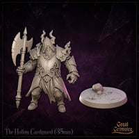 Close detail render of the Hollow Cardguard miniature by Great Grimoire, showing the fleur-de-lis breastplate engraving, battle-worn armour plating, and spectral flame effects curling from the horned visor and shoulders.