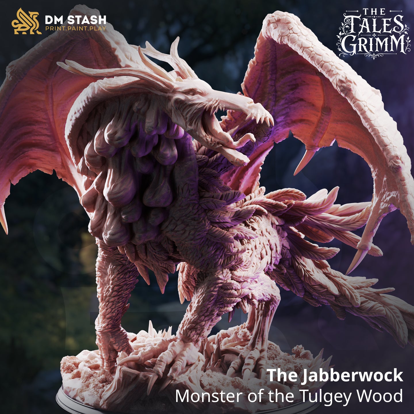 The Jabberwock by DM Stash seen from behind and below — broad scalloped wings dominate the frame, feathered back and tail visible, head turned downward with open mouth, base showing tangled roots and rocky debris.