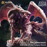 The Jabberwock by DM Stash seen from behind and below — broad scalloped wings dominate the frame, feathered back and tail visible, head turned downward with open mouth, base showing tangled roots and rocky debris.