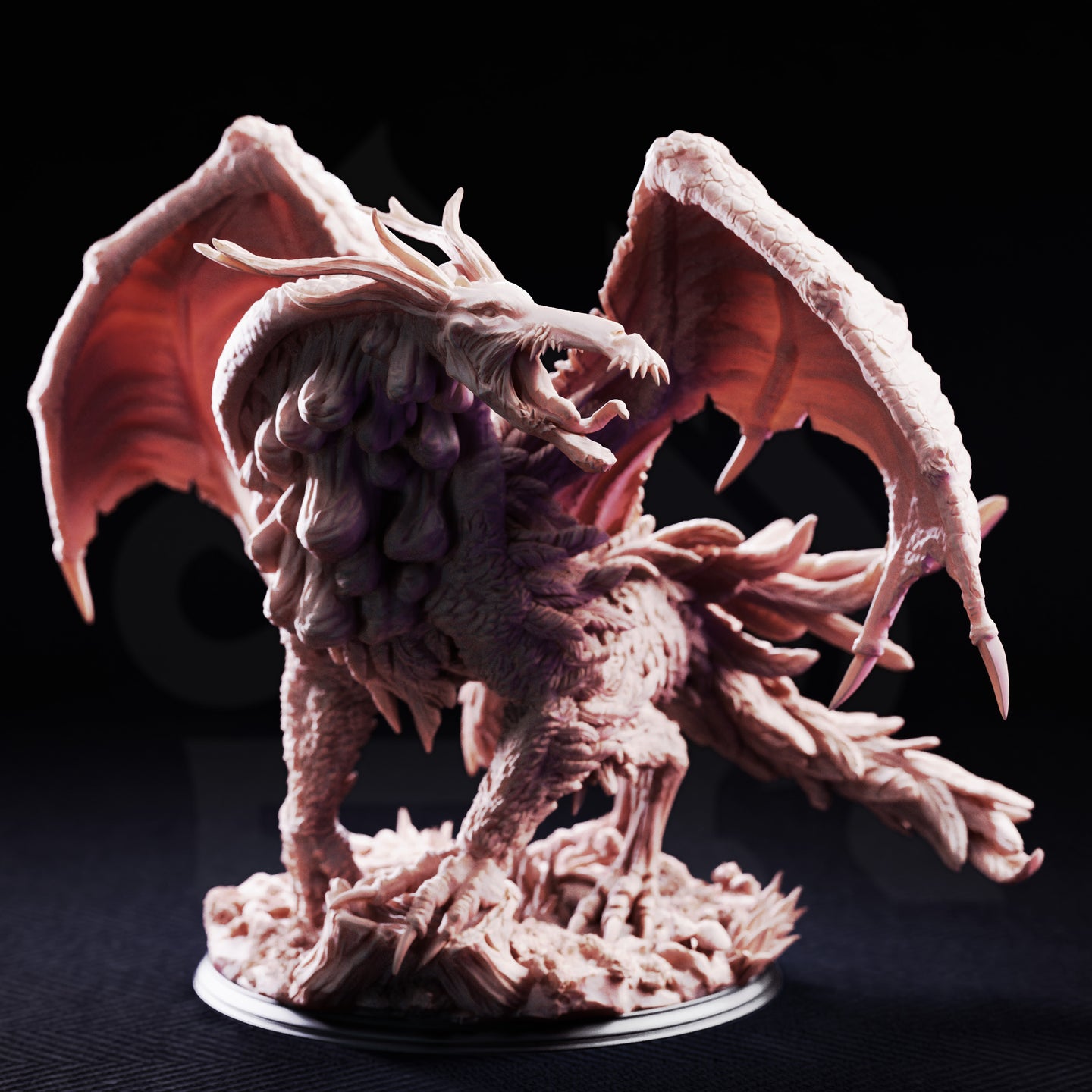 The Jabberwock by DM Stash viewed from a lower angle — wings spread wide showing detailed vein-textured membranes, clawed forelimbs raised, open jaws revealing multiple fangs, feathered body and scaled legs prominent.