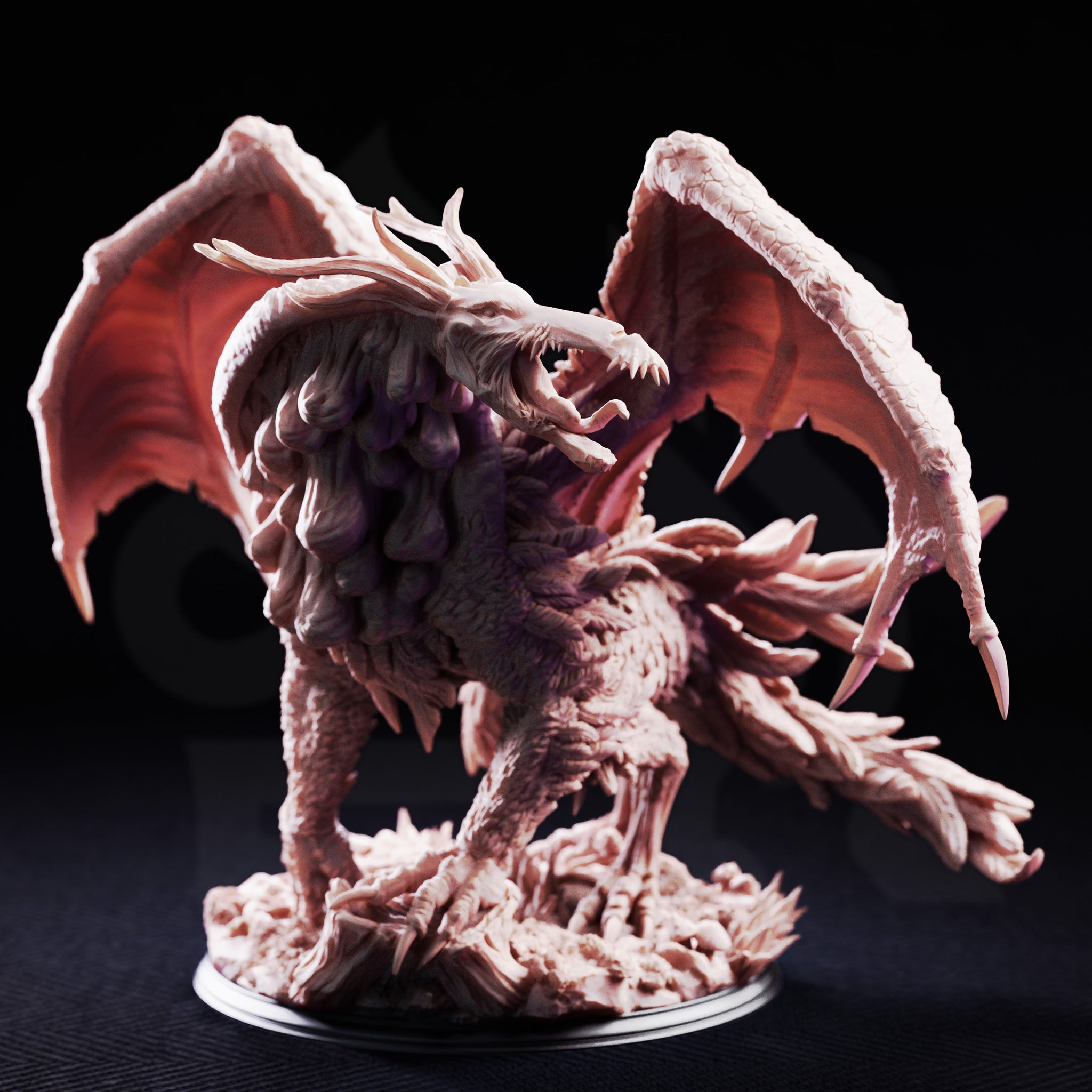 The Jabberwock by DM Stash viewed from a lower angle — wings spread wide showing detailed vein-textured membranes, clawed forelimbs raised, open jaws revealing multiple fangs, feathered body and scaled legs prominent.