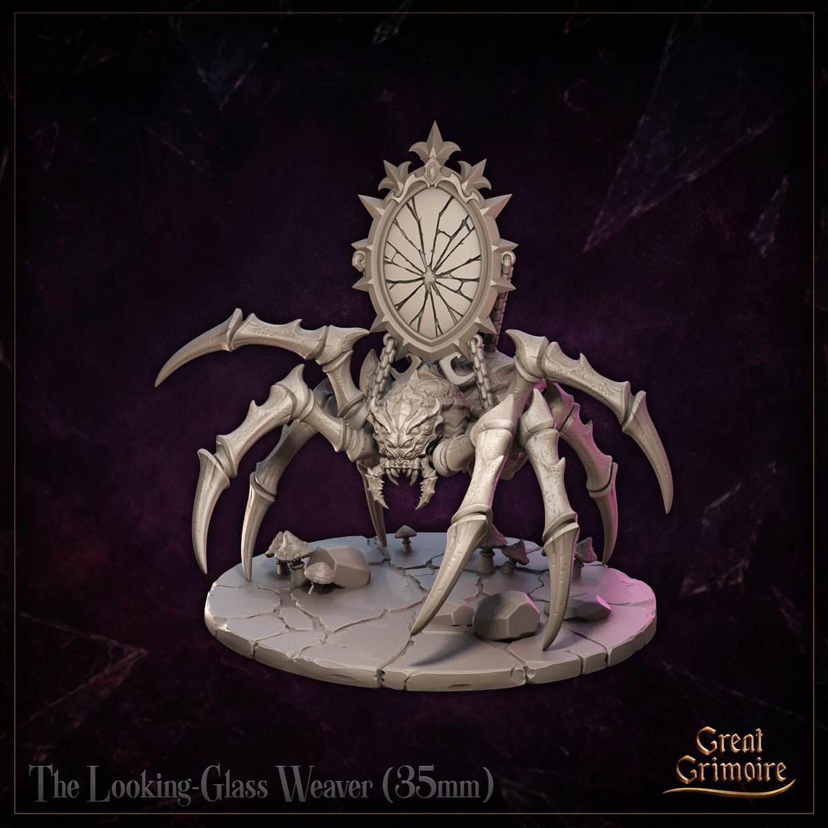Looking Glass Weaver by Great Grimoire — close view emphasising the heavily textured, ridged body and the cracked mirror face framed in thorned baroque flourishes, with mushrooms and stones on the cracked stone base.
