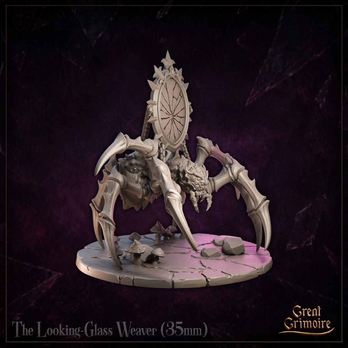 Looking Glass Weaver by Great Grimoire — close view emphasising the heavily textured, ridged body and the cracked mirror face framed in thorned baroque flourishes, with mushrooms and stones on the cracked stone base.
