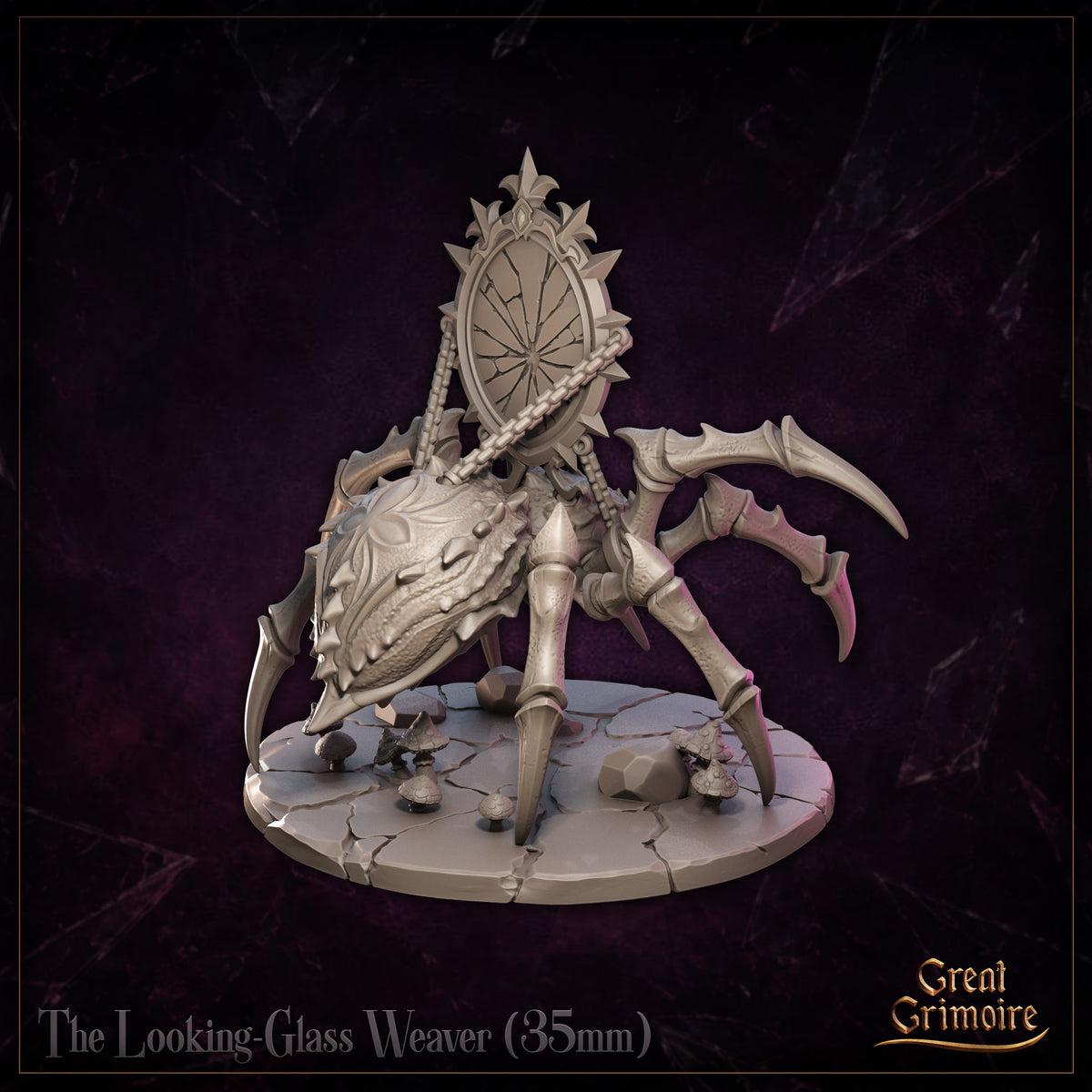 Looking Glass Weaver by Great Grimoire — close view emphasising the heavily textured, ridged body and the cracked mirror face framed in thorned baroque flourishes, with mushrooms and stones on the cracked stone base.