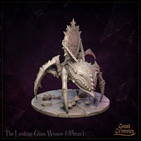 Looking Glass Weaver by Great Grimoire — close view emphasising the heavily textured, ridged body and the cracked mirror face framed in thorned baroque flourishes, with mushrooms and stones on the cracked stone base.