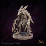 The Mad Rabbit by Great Grimoire: a hunched rabbit-skulled figure in a tattered belted coat, leaning forward on grotesque multi-jointed skeletal claws, standing on a cracked flagstone base.