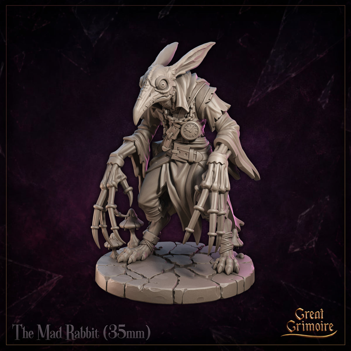 The Mad Rabbit by Great Grimoire: a hunched rabbit-skulled figure in a tattered belted coat, leaning forward on grotesque multi-jointed skeletal claws, standing on a cracked flagstone base.