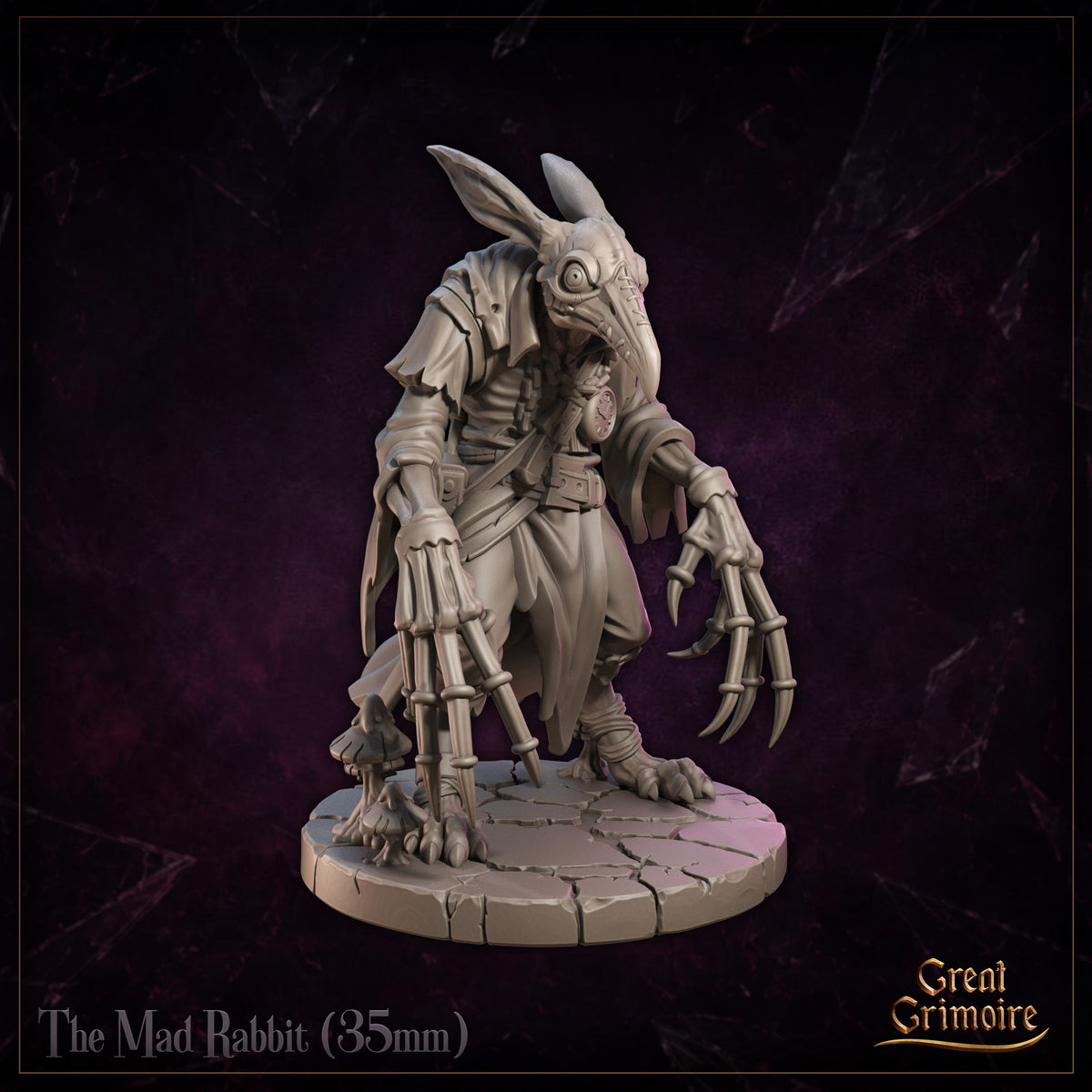 Rear view of The Mad Rabbit by Great Grimoire showing a long flowing tattered coat with shoulder armour, bony clawed hands visible at each side, and taloned feet on a cracked stone base.