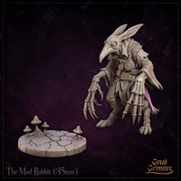 The Mad Rabbit by Great Grimoire shown separated from its decorative mushroom-scattered flagstone base, displaying the full skeletal claw hands, beak-skulled head, and belted coat detail.