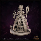 The Queen of Shattered Reflections by Great Grimoire — ornately gowned female figure holding a heart-motif lantern and tall sceptre, wearing a cage-panelled skirt trimmed with heart details, mushrooms at her base.