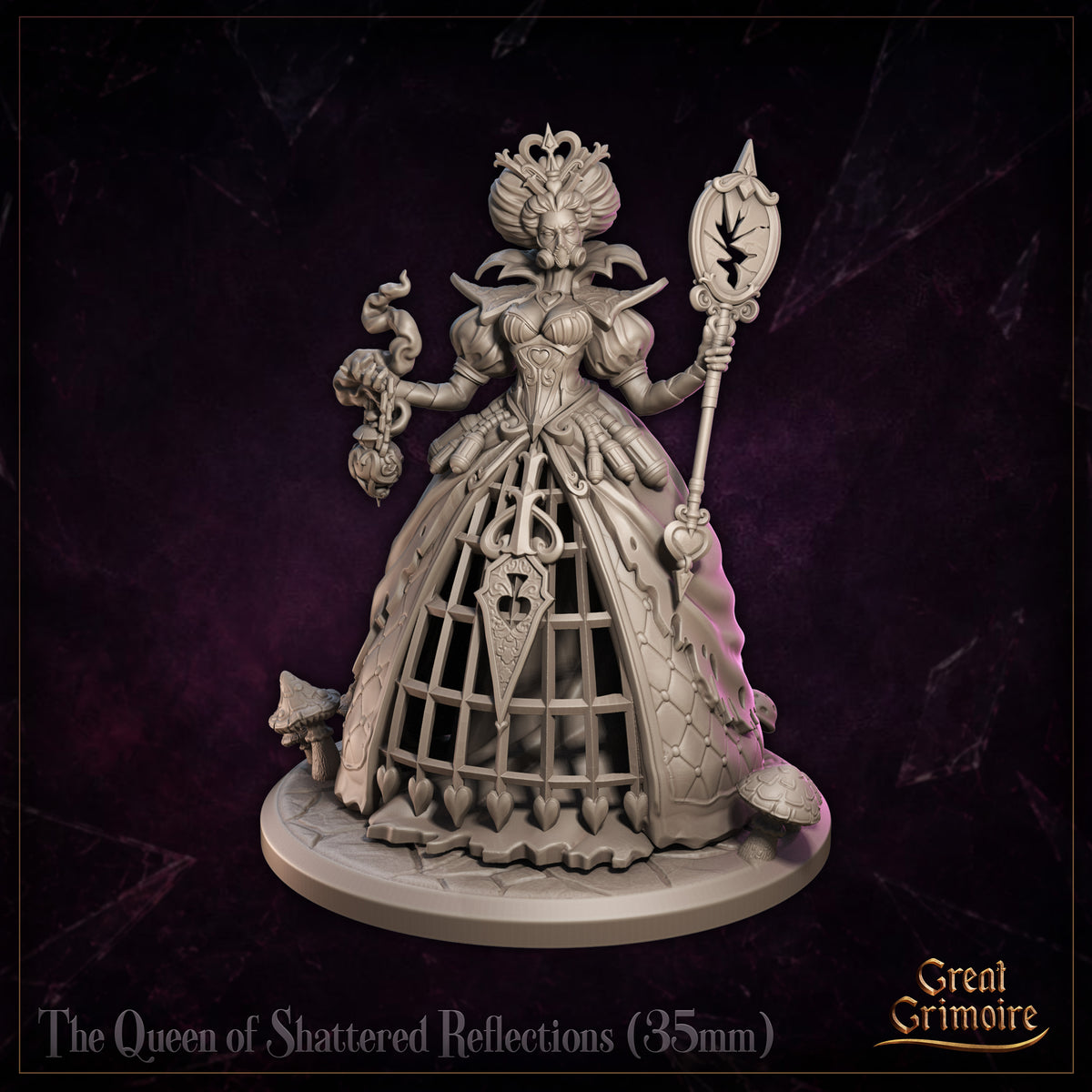 The Queen of Shattered Reflections by Great Grimoire — ornately gowned female figure holding a heart-motif lantern and tall sceptre, wearing a cage-panelled skirt trimmed with heart details, mushrooms at her base.