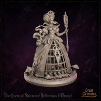 Rear view of The Queen of Shattered Reflections by Great Grimoire — elaborately braided upswept hair, billowing quilted gown with dripping hem detail, sceptre topped with a cracked oval mirror visible over her shoulder.