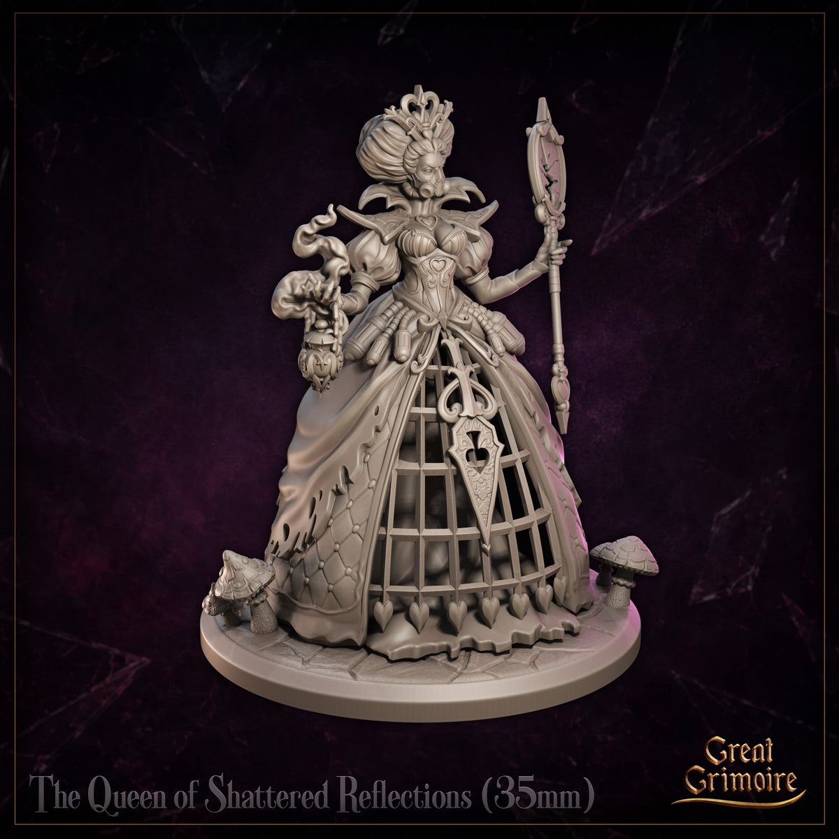 Rear view of The Queen of Shattered Reflections by Great Grimoire — elaborately braided upswept hair, billowing quilted gown with dripping hem detail, sceptre topped with a cracked oval mirror visible over her shoulder.