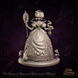 Three-quarter angle of The Queen of Shattered Reflections by Great Grimoire — cracked mirror sceptre prominently raised, cage-lattice skirt with spade motif panel, lantern trailing wispy sculpted smoke, mushrooms on base.