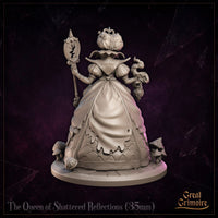 Three-quarter angle of The Queen of Shattered Reflections by Great Grimoire — cracked mirror sceptre prominently raised, cage-lattice skirt with spade motif panel, lantern trailing wispy sculpted smoke, mushrooms on base.