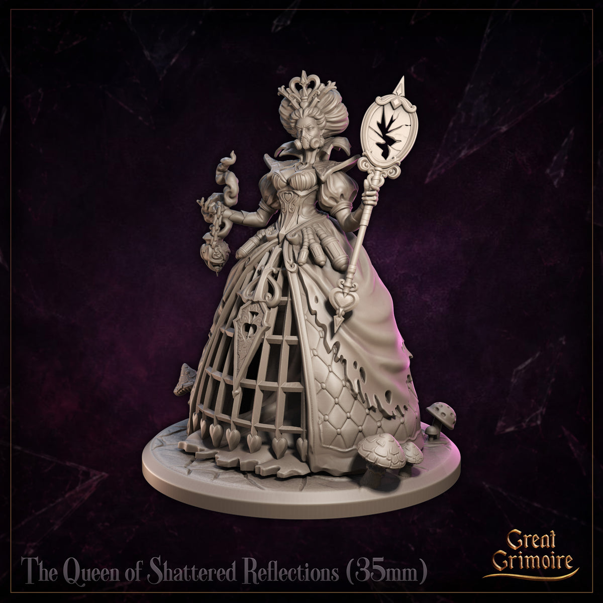 The Queen of Shattered Reflections by Great Grimoire — full figure showing towering crown diadem, sculpted coiffure, gauntleted arms, corset bodice with heart detail, and scenic base with tortoise and mushroom elements.