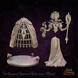 Close detail render of The Queen of Shattered Reflections by Great Grimoire — engraved corset, billowing quilted skirt hem, heart motifs along the gown's edge, and decorative scenic base with mushrooms and cracked stone.